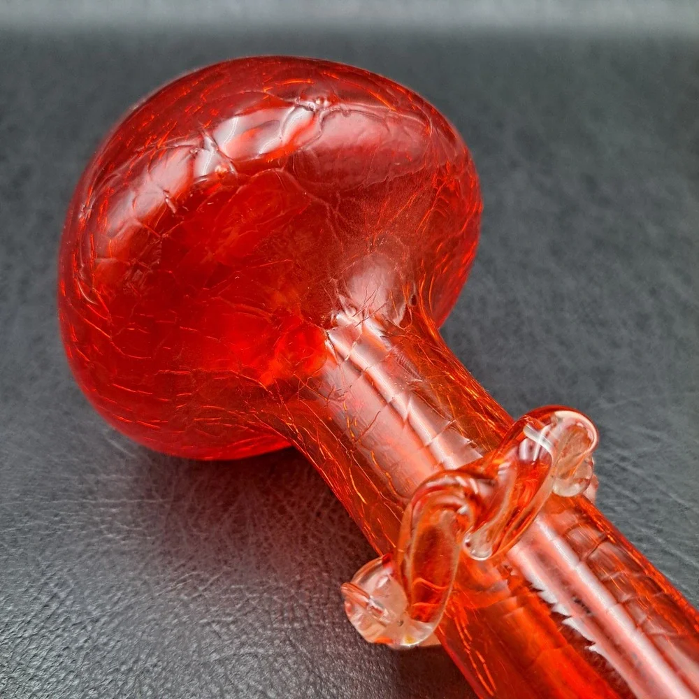 Vintage Ruby Red‎ Crackle Glass Bud Vase Ruffled Rim Rigaree Mid Century Modern